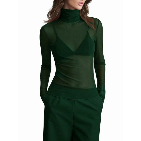 Women'S Stand-Up Collar Solid Color Mesh Slim Long-Sleeved Top, See-Through Shirt Dark Green S