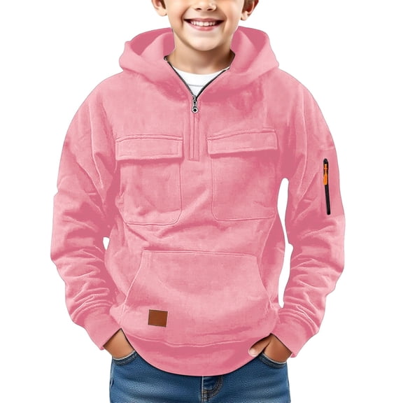 Hoodies for Boys Kids Pink Half Zip Hoodies Long Sleeve Pullover Tops Winter Clothes Boys Sweatshirts Size 7-8 Years