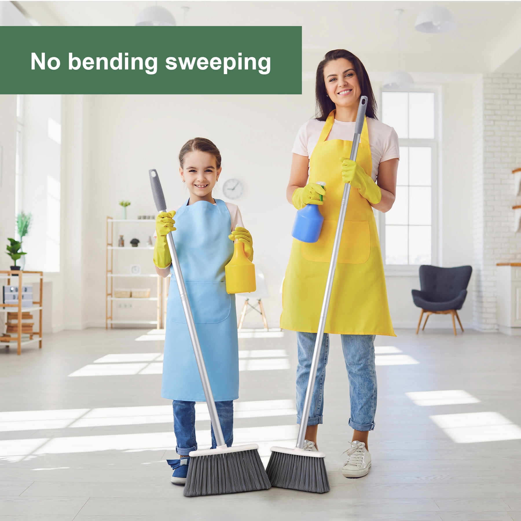 Eyliden Broom and Dustpan Set, Upright Stand Dustpan with Comb for Remove Dust, Extendable to 52”, Grey
