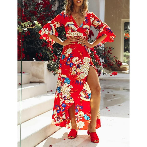 Women s 3 4 Sleeve Floral Long Maxi Party Dress Sundress Red XL