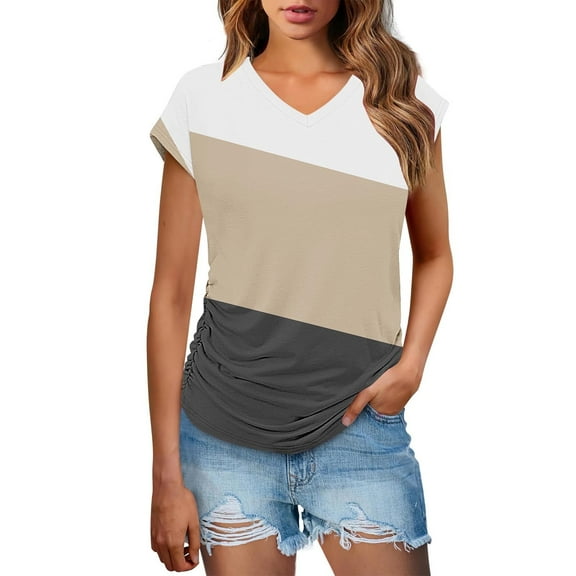 Levmjia Womens V Neck Tops Short Sleeve Sequins Blouse Casual Loose Fit Polyester Summer Party Vacation Work Basic Solid Color Pullover