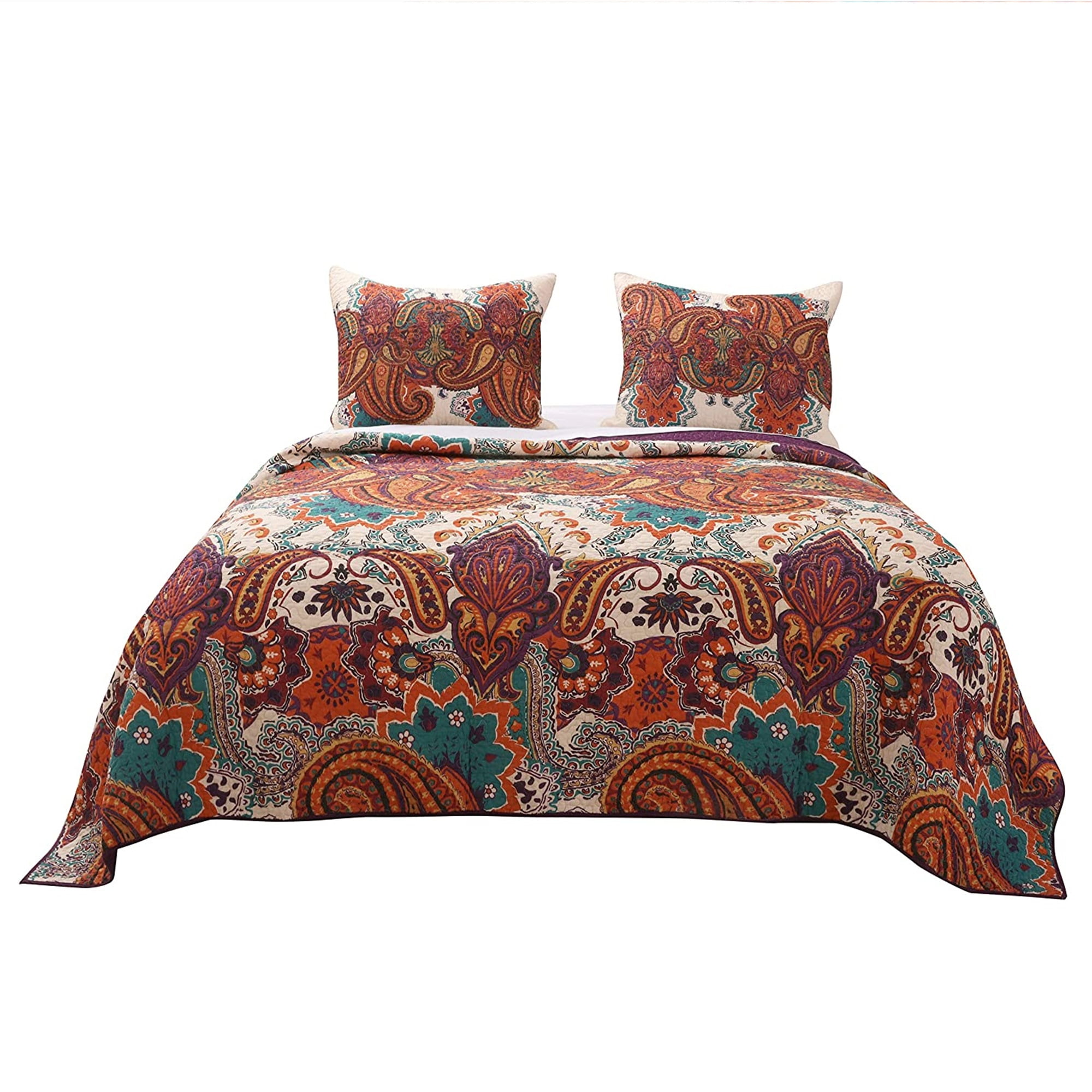 3 Piece Queen Size Cotton Quilt Set with Jacobean Print, Multicolor
