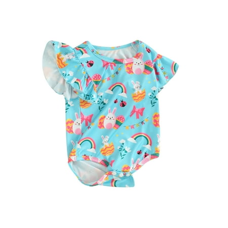 

Thaisu Baby Girls Easter Casual Romper Short Flying Sleeve Crew Neck Bunny Print Romper