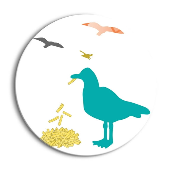 Colorful Birds Teal Seagull Eating Fries 24 inch Glass Round Wall Hanging Sign