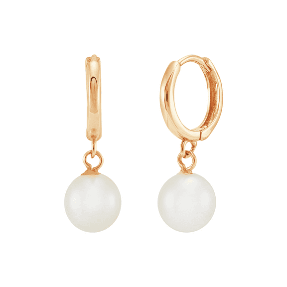 Women's Welry 7mm White Pearl Huggie Hoop Drop Earrings in 14kt Yellow Gold