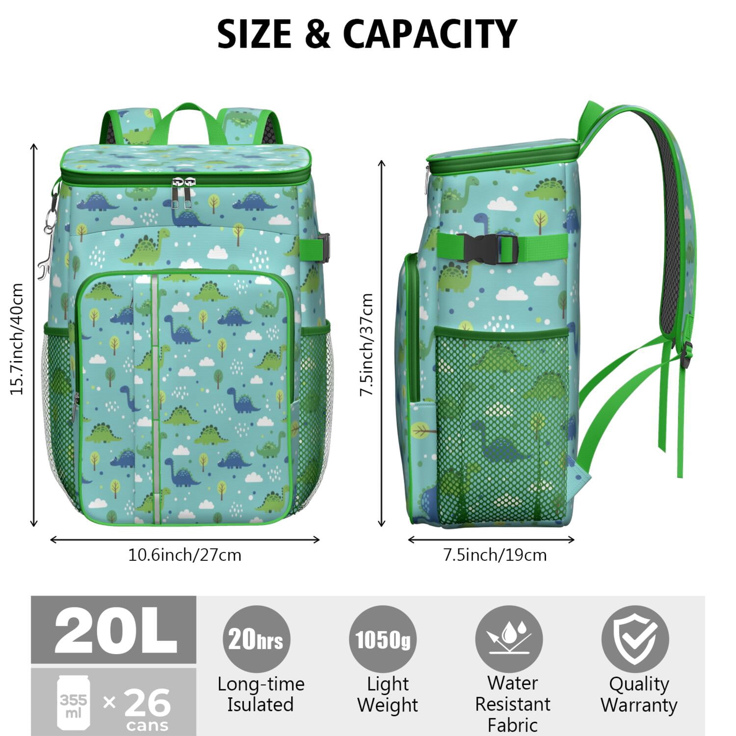 Travel Cooler Bag - Light Blue Dinosaurs Clouds Trees Pattern Camping Beer Cooler Backpack with Bottle Opener- Waterproof Insulated Picnic Backpacks - Cooler Bag for Beach