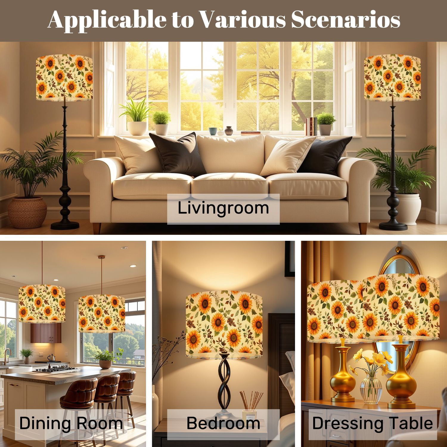 Lampshades 2 Pack Bright Sunflower Yellow Orange Petals Green Leaves 13"x13"x10" Light Shade for Table Lamps Floor Lamp Shades Lampshade Replacement Easy Assembly