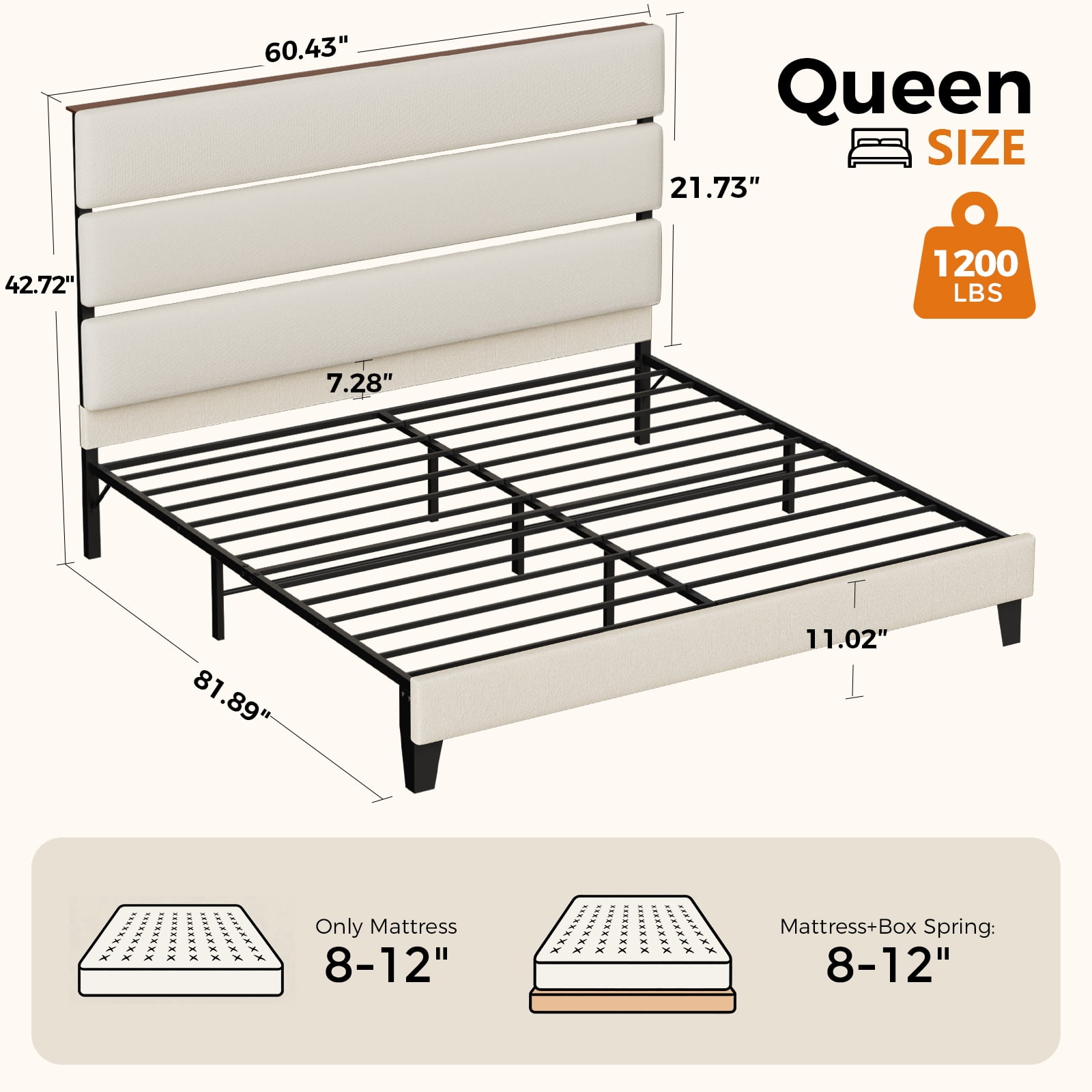 LUCKLIFE Queen Metal Bed Frame with Fabric Upholstered Headboard, No Box Spring Needed Noise Free, Beige