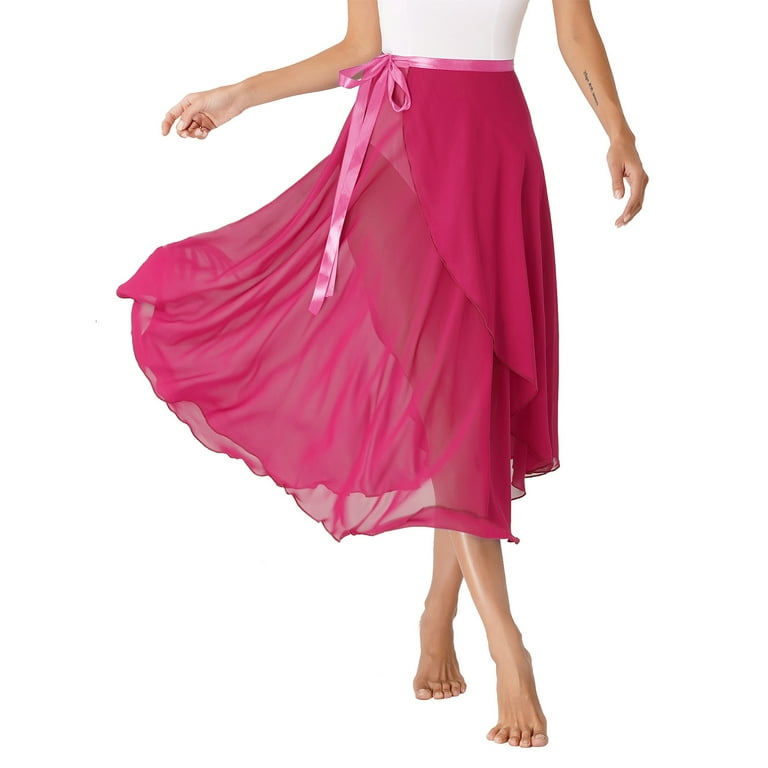 MSemis Women Long Chiffon Ballet Skirts Ladies Flowy Lyrical Dance Wrap Skirts Hot Pink One Size