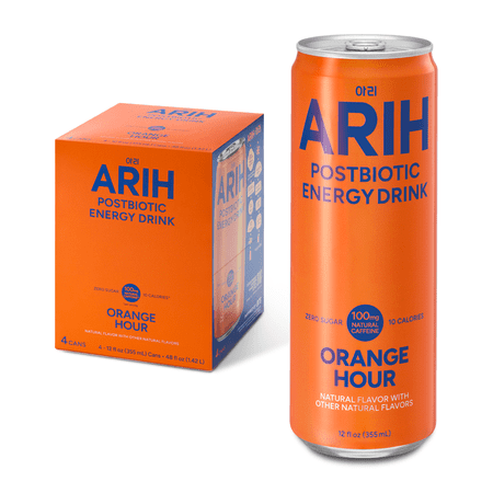 ARIH Postbiotic Energy Drink Zero Sugar 100mg Natural Caffeine Orange Hour 12 fl oz 4 Pack