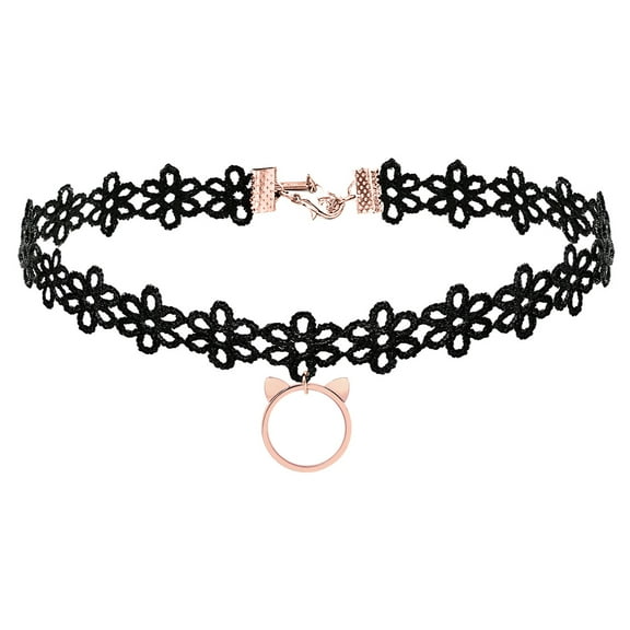 ELBLUVF Design Rosegold Plated Cat Black Flower Lace Chocker Necklace Cat Chocker Necklace For Women