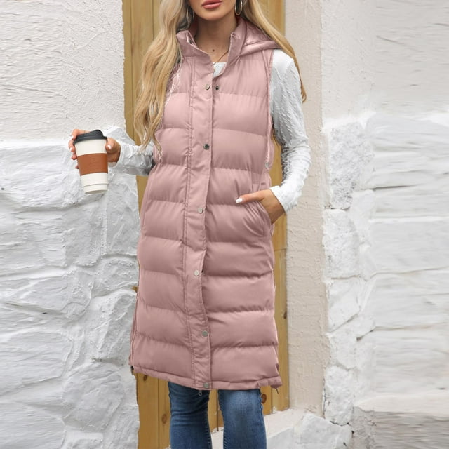 KIHOUT Gilet Long Sans Manches pour Femmes - Couche d'Hiver Chaude à Capuche pour Jours Froids, Léger pour l'Extérieur