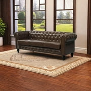 Chesterfield 3-Seater Faux Leather Button Tufted Sofa Couch with Rolled Arms Solid Wood Legs