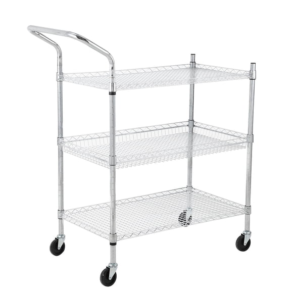 Ourlova 3 Tier Cart Metal Rolling Cart with Wheels Stylish Chrome Finish Easy Maneuvering Perfect for Kitchen Workshops and Events