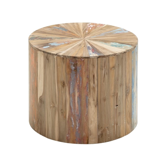 DecMode 22" x 18" Brown Reclaimed Wood Handmade Pinwheel Drum Starburst Accent Table with Colorful Painted Accents, 1-Piece