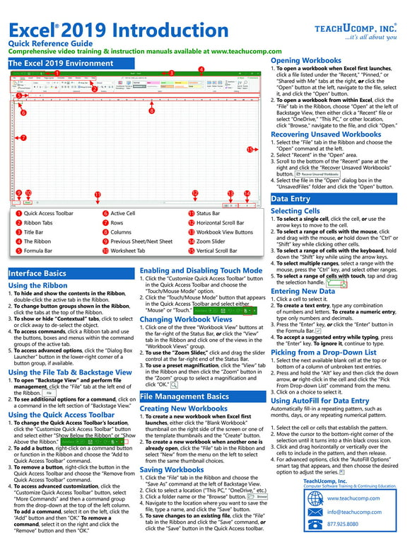 Learn Excel 2019 Quick Reference Training Card - Laminated Tutorial Guide Cheat Sheet of Instructions, Tips & Shortcuts