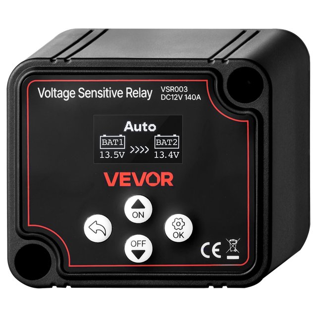 VEVOR Aislador de Batería Dual de 12 V y 140 A con Pantalla LCD, para Baterías de Litio y Plomo-Ácido, para Automóviles, Camiones, Autocaravanas, UTV, ATV y Embarcaciones, 80 x 70 x 60 mm, Negro