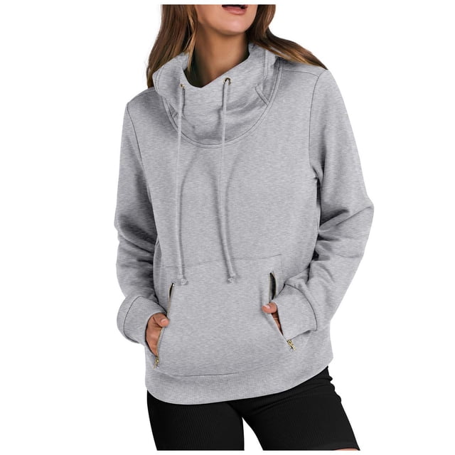 Penkiiy Chandail à Capuche pour Femmes Col Cheminée Manches Longues Chandails en Molleton Mode Automne chandail avec Cordon Vêtements Preppy pour Adolescentes L Gris