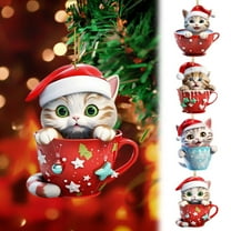 Acrylic Christmas Decorations for Tree Teacup Cat 2D Flat Ornaments Xmas Hanging Vintage Christmas Ornaments New Year Pendant Holiday for Christmas Tree Party Decor