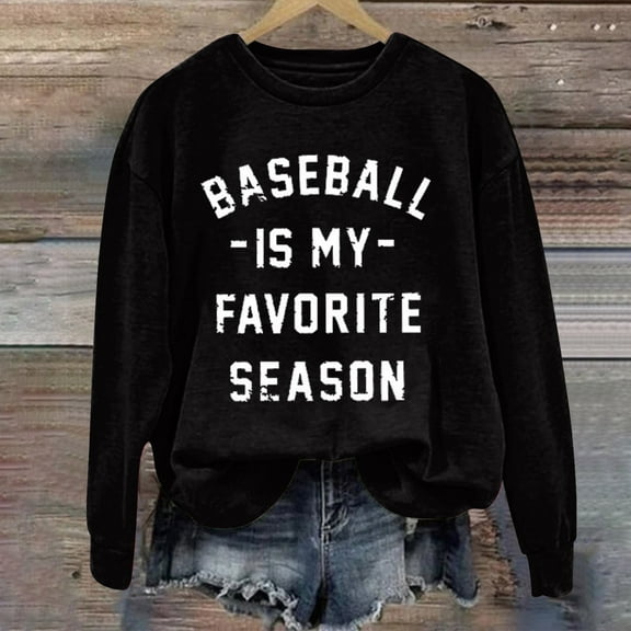 Black Womens Fall Tops Baseball Is My Favorite Season Women's Baseball Lettering Print Crew Neck Long Sleeve Top Sweaters for Women