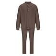 thumbnail image 3 of Men's 2 Piece Linen Sets Casual Long Sleeve Button Down Cuban Shirt and Loose Pants Set Beach Vacation Outfits Brown XL, 3 of 5