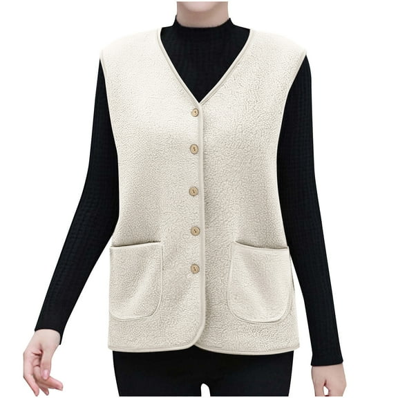 Dxzfnsa Women's Vest Lightweight V Neck Button Up Vests for Women Comfy Casual Solid Color Jackets Warm Sleeveless Short Vest Coats with Pockets
