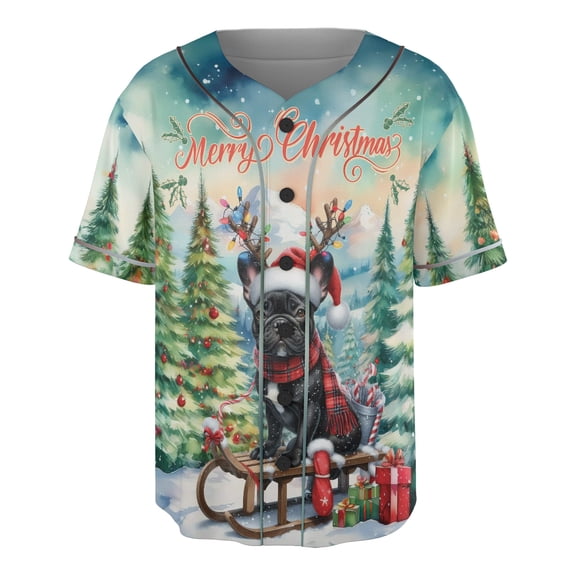 Merry Christmas Santa Reindeer Antlers French Bulldog Sleigh Xmas Winter Holiday All Over Print 3D Baseball Shirt Dog Lover Gifts Softball Sport - 00023