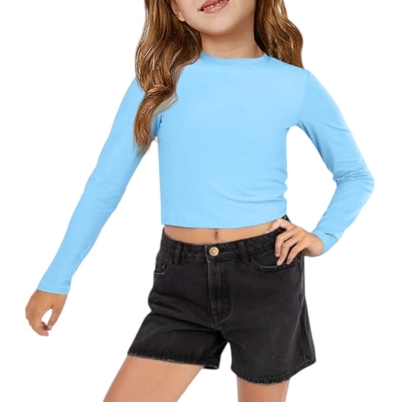 Dwellite Crop Tops Long Sleeve T Shirts for Kids Casual Trendy Crewneck Slim Fit Basic Tee Solid Color Shirts Light Blue 160