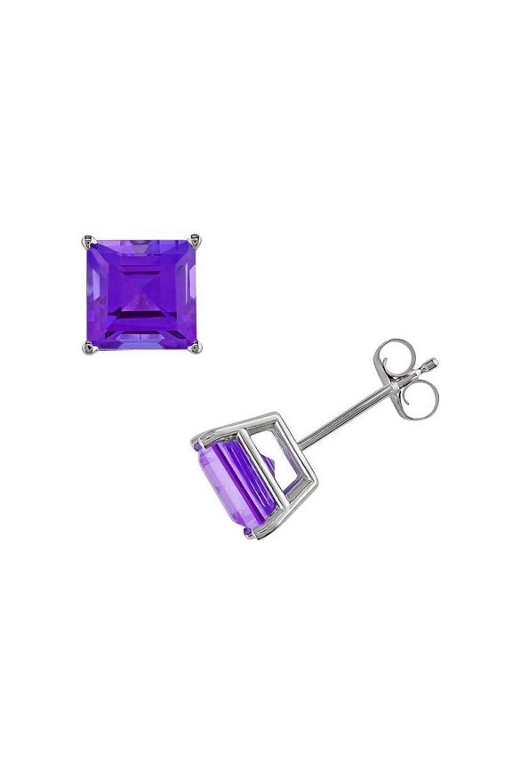 14Kt White Gold Amethyst Princess Cut Stud Earrings