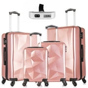 OKAKOPA Omni PC Luggage Sets 4 Piece Luggage Set Suitcases with Spinner Wheels Hardshell Lightweight Luggage W/ Scale, Pink (18 inch 20 inch 24 inch 28 inch)