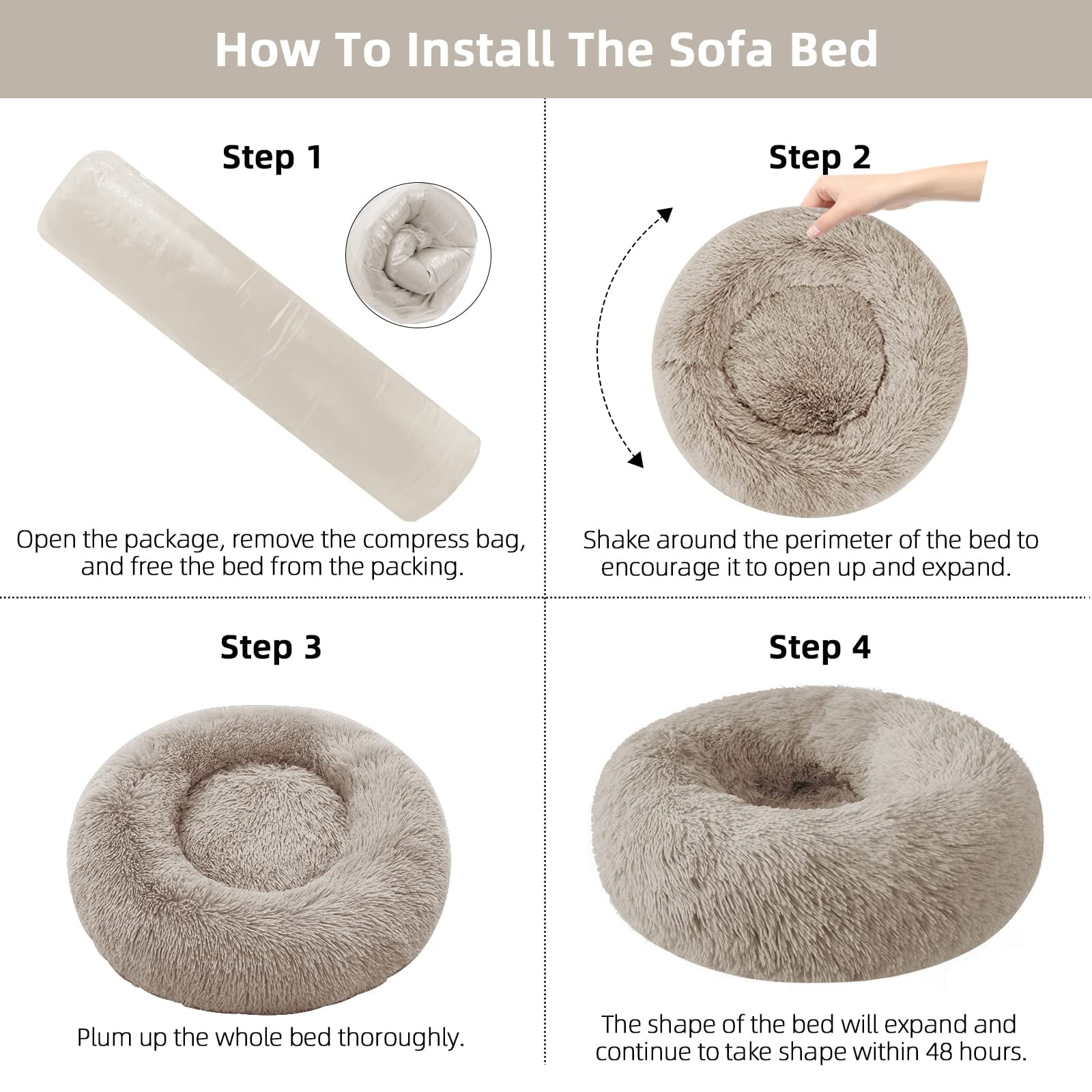 Nisrada Calming Donut Dog Bed Anti-Anxiety, Self Warming, Cozy Soft Plush Round Pet Bed, Ideal for Both Home & Travel, 20"L x 20"W x 8"H