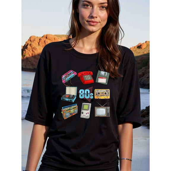Women's Black 80s Retro Graphic Tee Plus Size S-5XL, Vintage Tech Printed T-Shirt, Casual Oversized Top for Nostalgia Lovers