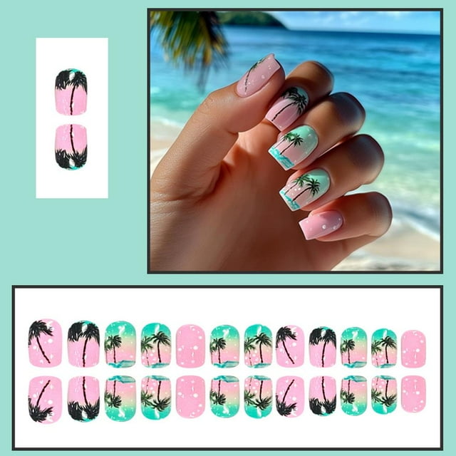 Ongles Carrés Courts Faux Éléments Roses pour Plage Été T1d8