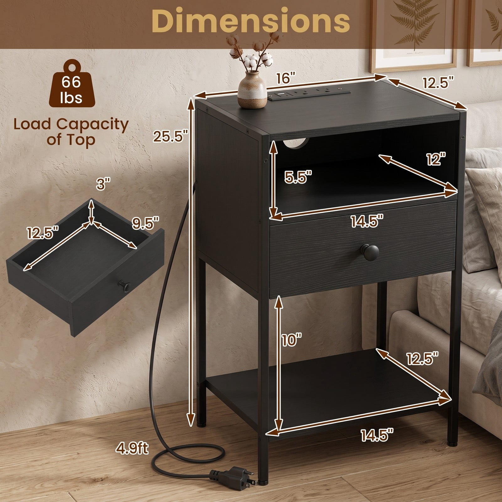 Furnibear Nightstand with Charging Station and USB Type-C Ports plus Drawer and Open Shelf for Bedroom and Living Room, Black