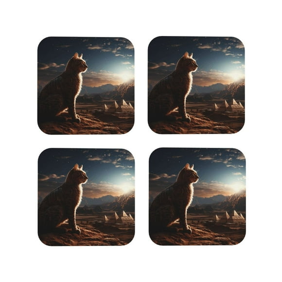 Vsdgher Pyramid Desert Cat Print Leather Coasters for Drinks, Durable Drink Coasters 4 Set for Tabletop Protection, Luxurious Home Décor and Housewarming Gift-Square