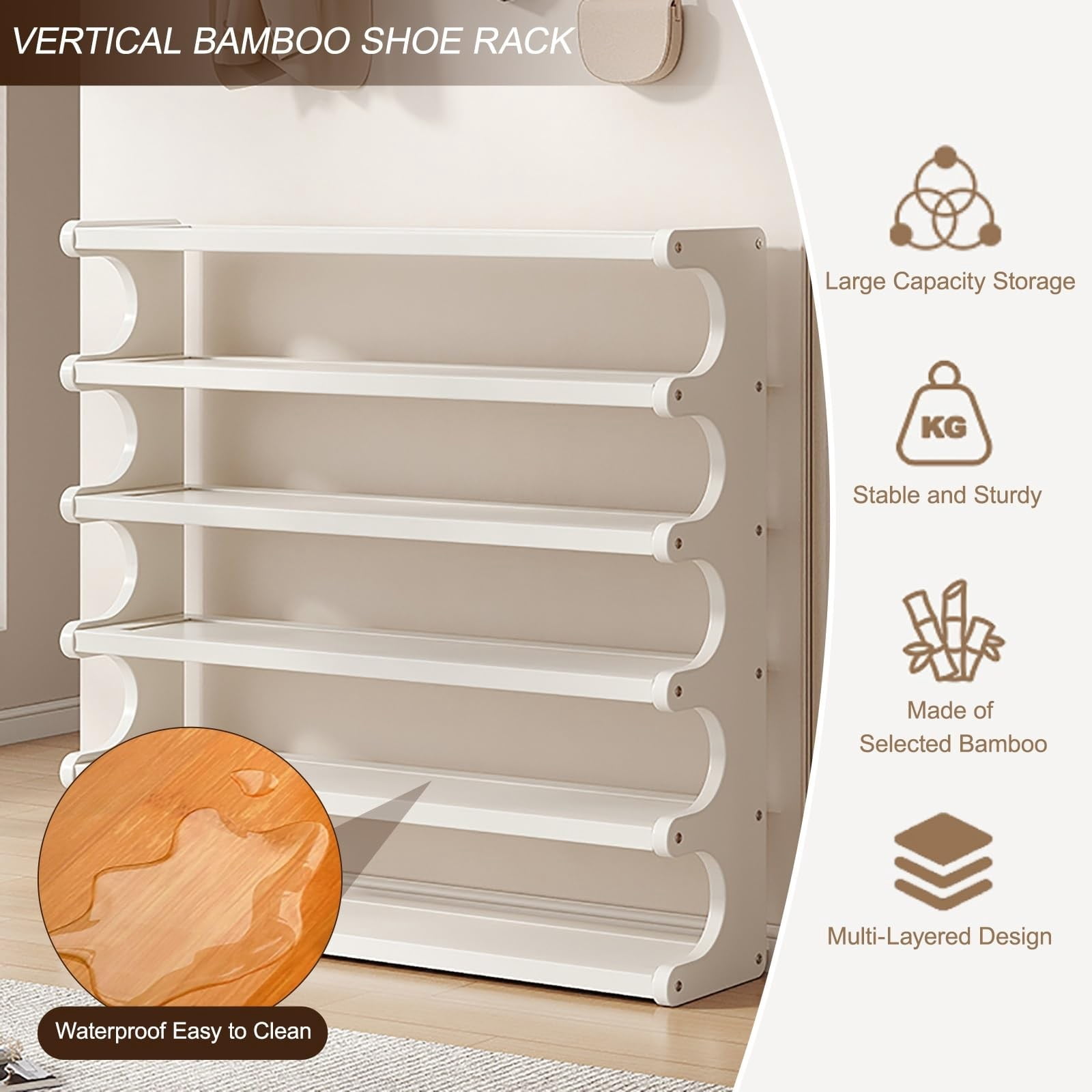 3 Tiers Bamboo Shoe Rack Organizer, Free Standing Vertical Shoe Storage Shelf with Adjustable Shelves for Entryway Closet Hallway, Brown