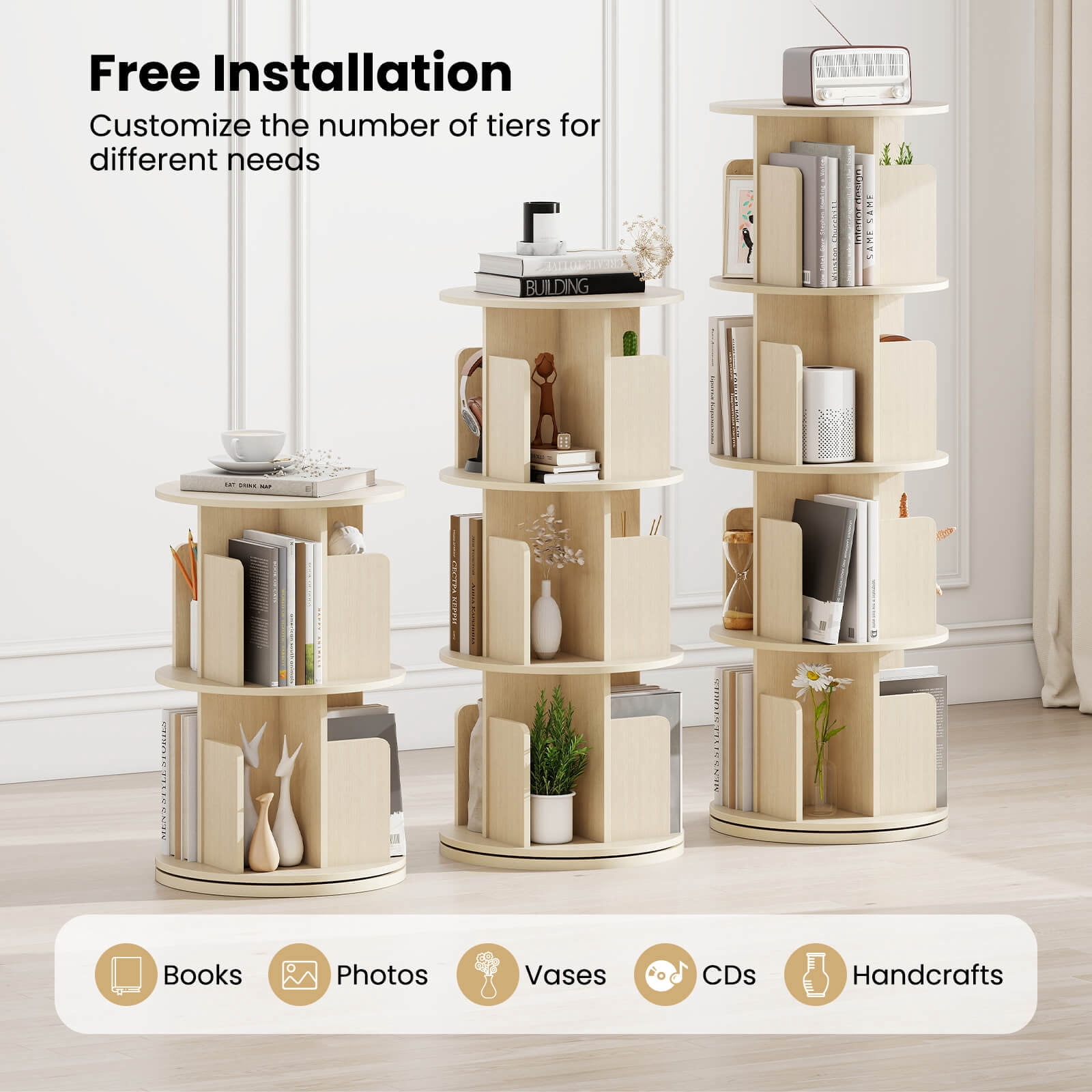 Costway 1 PCS 4-Tier Rotating Bookshelf 360° Display Rack with Dividers & Anti-falling Baffles Natural