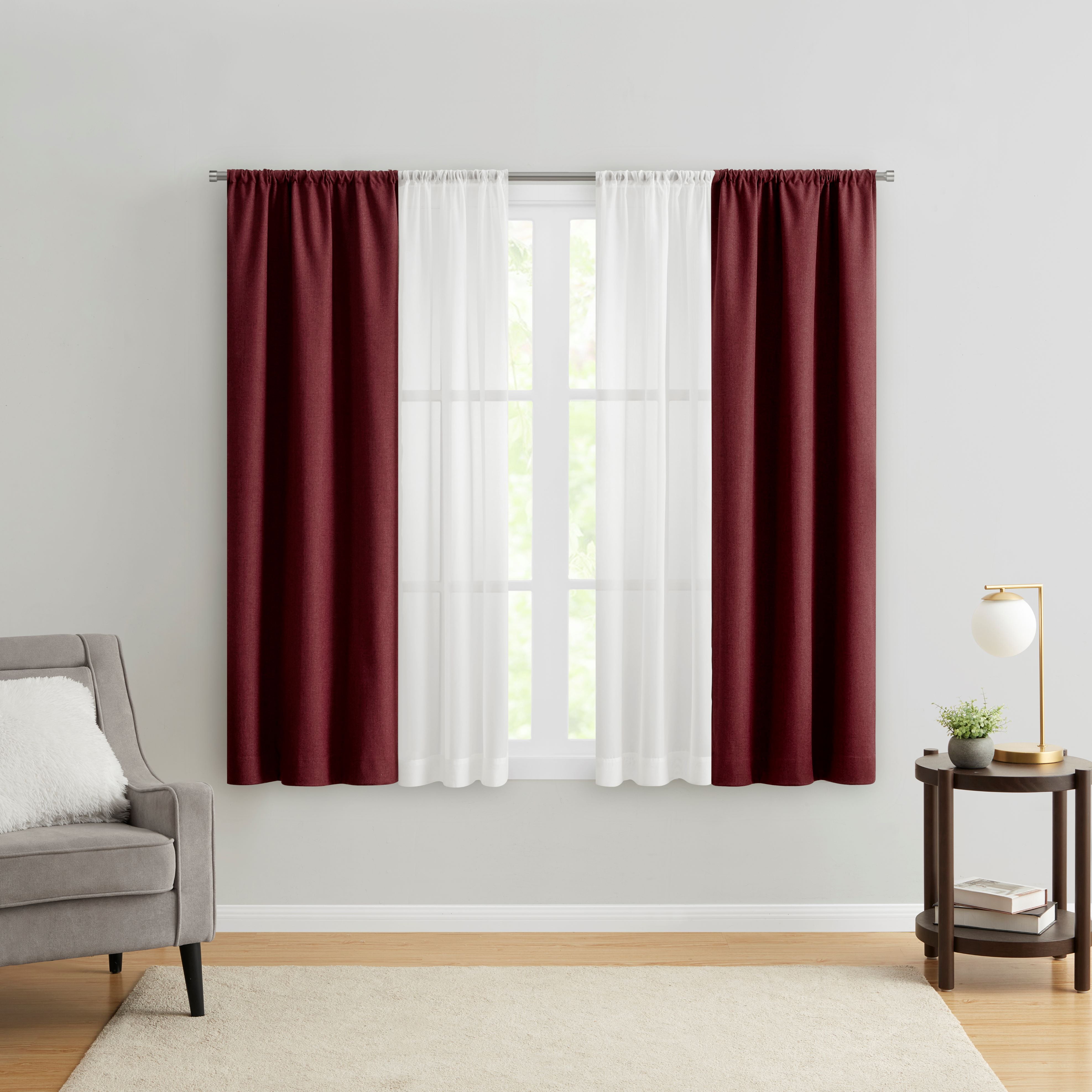 (3 pack) Mainstays Twill Blackout Rod Pocket 4 Piece Curtain Set, Luscious Merlot, 27.5" W x 63" L