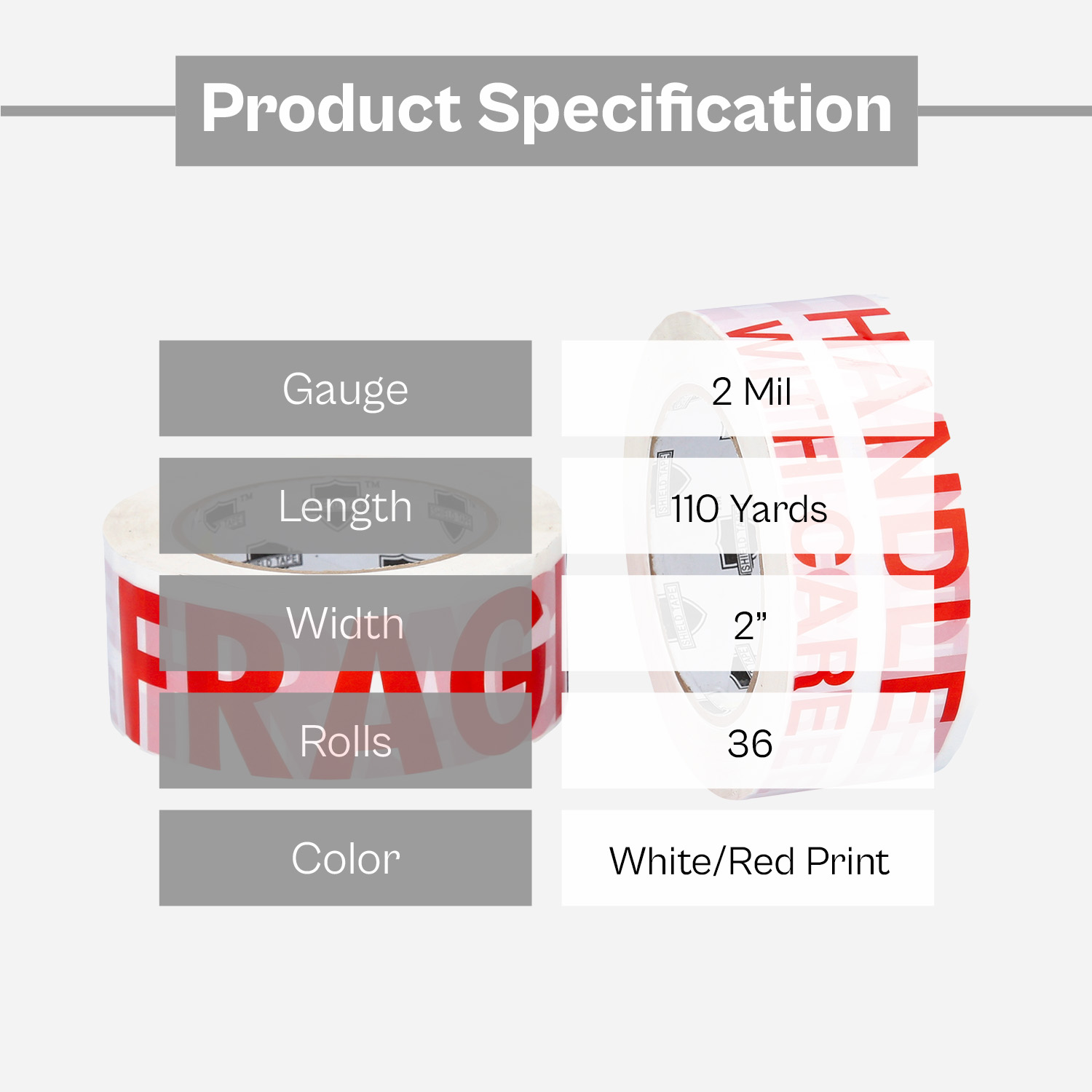 MMBM Fragile Printed Handle Packaging Tape, 36 Rolls, 1.88 Inch x 110 Yards