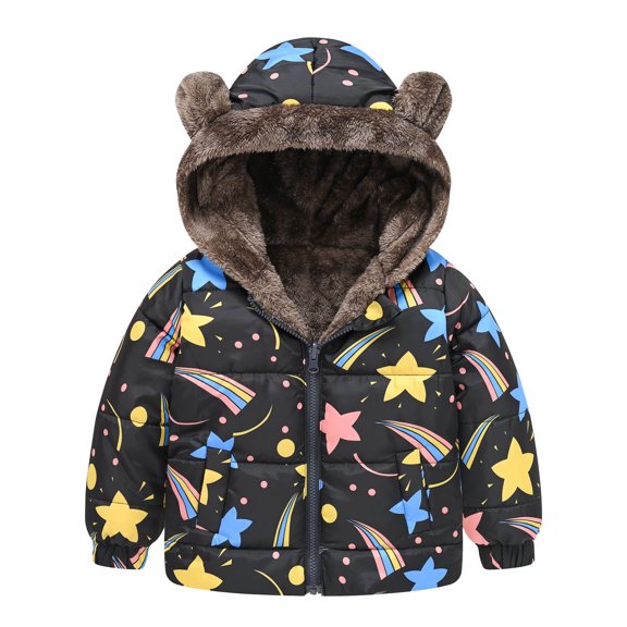 KTMKH Kids Coat Winter Baby Jacket Girls Hooded Cartoon Cute Prints Toddler Outwear Zipper Windproof Warm Thick Girls Coat Jacket For 18-24 Months