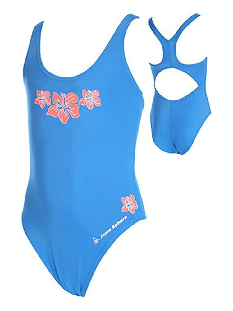 aqua sphere elsa girls open back swimsuit, blue/coral,6y