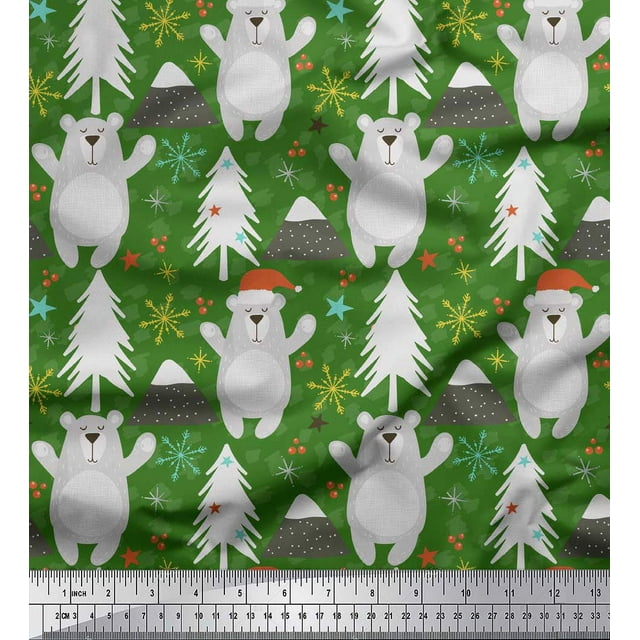 Soimoi Green Georgette Viscose Fabric Snowflake & Bear Cartoon Printed Fabric 1 Yard 42 Inch Wide