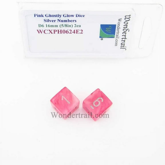 Pink Ghostly Glow Dice with Silver Numbers D6 16mm (5/8in) Pack of 2 Wondertrail