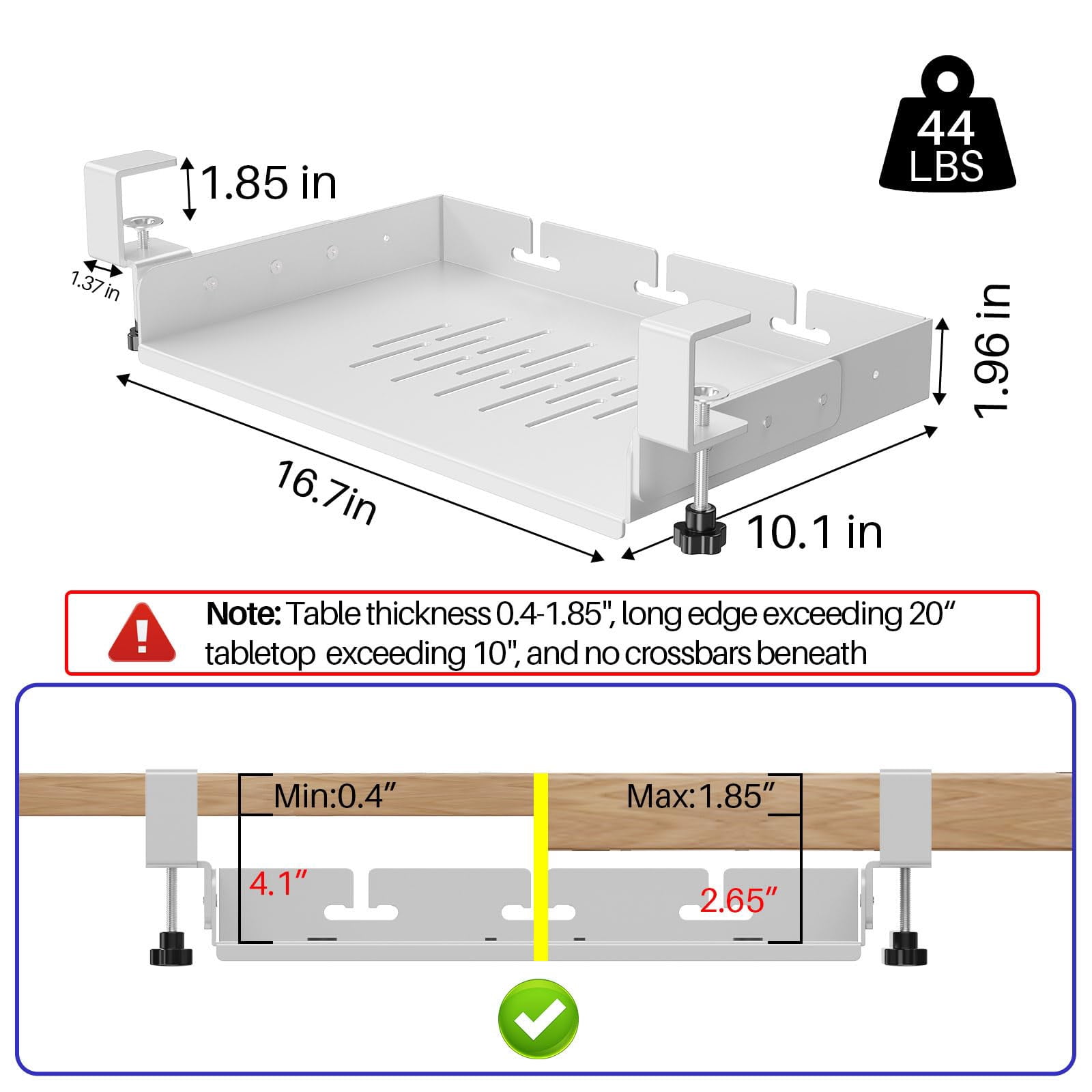 No Drill Under Desk Storage Shelf  Metal Drawer Organizer With Clamp Mount Adds Tray For Office Desks Table Gaming Workstations (white)