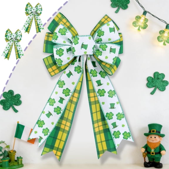Beautynvta St. Patrick's Day Bow Decoration, 2 Pcs Large Cloth Wreath Bows, Green Plaid Clover Shamrock Irish Hats Decor for Front Door, Tree Topper, Indoor Outdoor Use