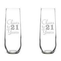 Set of 2 Glass Champagne Flutes Sparkling Wine Glasses Birthday Anniversary Cheers 21 Years (8.5 oz Stemless)