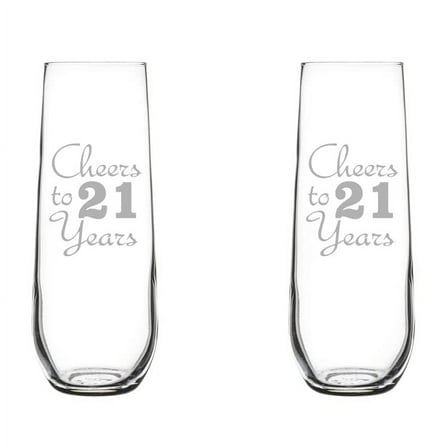 Set of 2 Glass Champagne Flutes Sparkling Wine Glasses Birthday Anniversary Cheers 21 Years (8.5 oz Stemless)