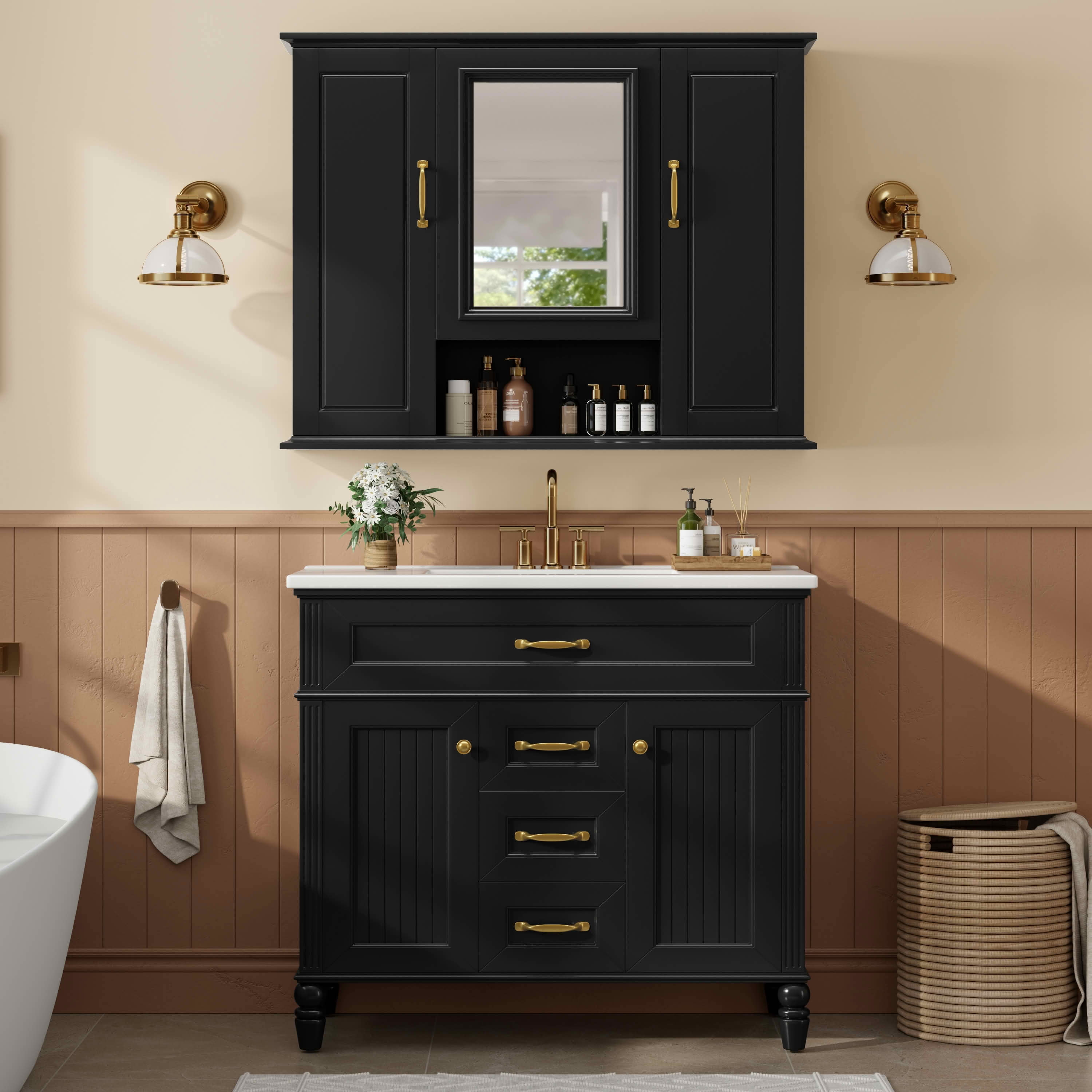 MAYEERTY 36" Bathroom Vanity with Sink Black MDF Rubberwood 3 Drawers Adjustable Shelf Freestanding