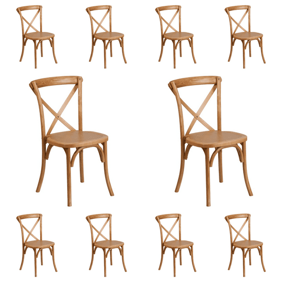 10 PACK Bistro Style Cross Back Oak Wood Stackable Dining Chair - X Back Banquet Dining Chair