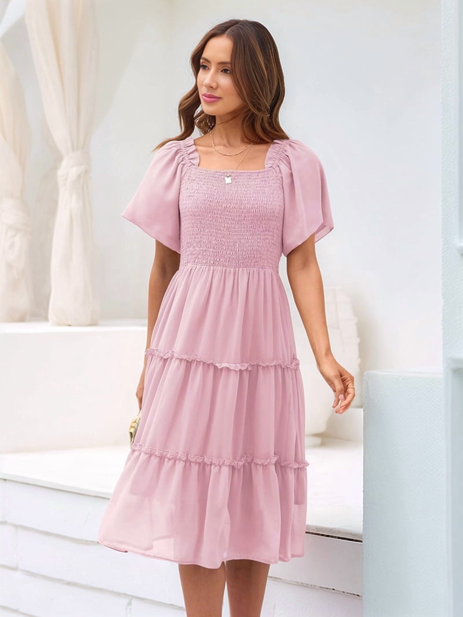 Women'S Summer Casual Flutter Sleeve Square Neck Smocked Midi Dress Pale Pinkish Gray XL